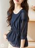 J-Scott Women's Navy Chiffon Blouse with Sheer, 3/4 Sleeves, Gathered Ribbon, and Lace (JS143-NV-S) - Limited Stock