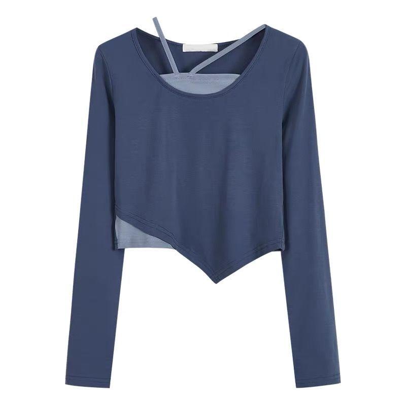 Необычный дизайн футболки, женский топ с длинными рукавами и шейным ремешком, тонкий, тонкий, в стиле пэчворк, искусственный комплект из двух предметов, яркое лето