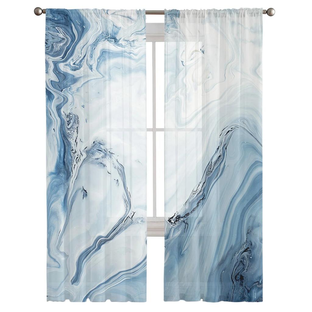 Marble Fluid Texture Blue Tulle Curtain For Living Room Bedroom Kitchen Decoration Window Voiles Tulle Curtain