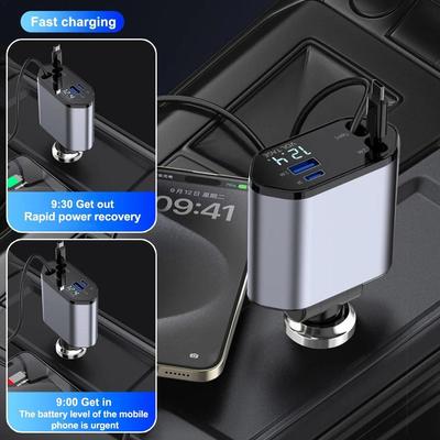 120 Вт выдвижное автомобильное зарядное устройство 4 в 1 для iPhone USB Type C кабель Fast Cord адаптер для прикуривателя