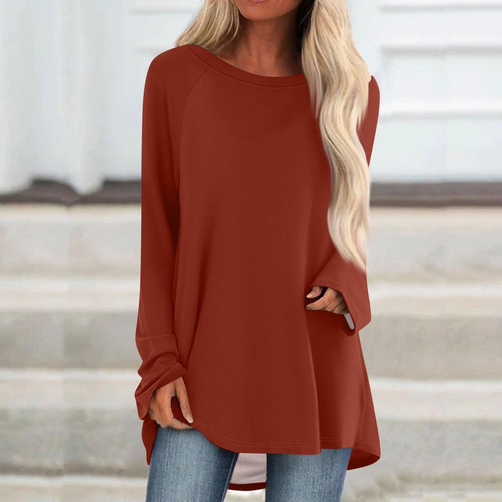 Women's Fashionable Loose Mid-length Round Neck Pullover Solid Color Raglan Sleeves Long-sleeved Casual Top