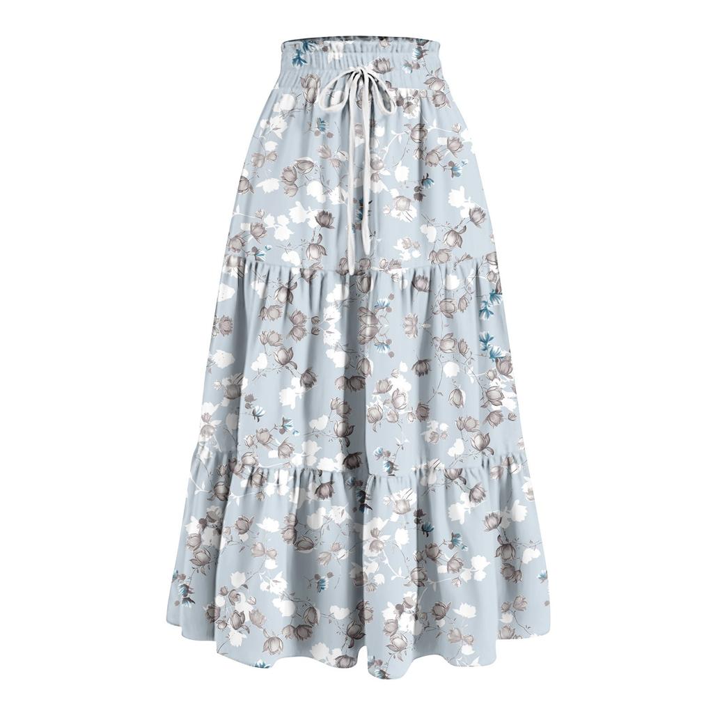 Women's Ruffled Spring Casual Long Skirt Plain Color Skirt Retro Pleated Skirt