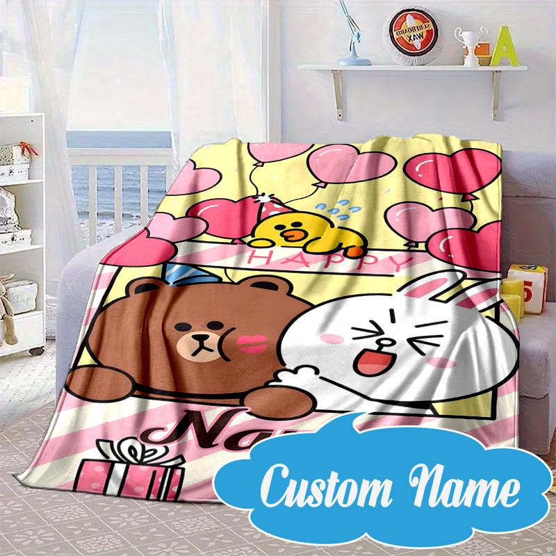 Custom Name Cute Cartoon Brown Bear Blanket bed sofa Blanket Flannel Blanket for Camping, Hiking, Picnic Essentials,gift for Fan family