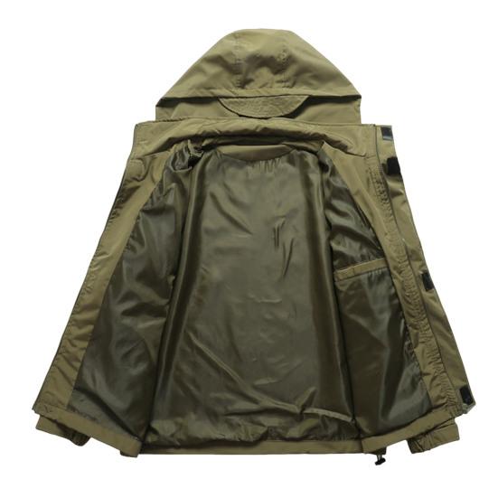Men Casual Jacket Hooded Long Sleeve Windproof Jacket Multiple Pockets Full Zipper Closure Fastener Tape Trench Coat