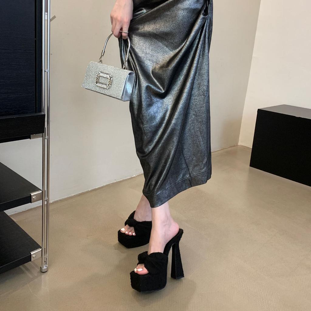 Толстый каблук Супер высокие каблуки Ночной клуб Сексуальные Водонепроницаемые Платформа Платформа Бант Мода Модель Подиум Крутые Шлепанцы Женщина