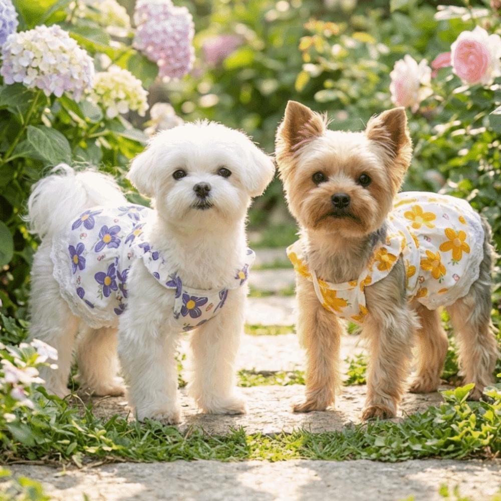 Breathable Floral Dog Skirt Lace-Trimmed Pet Flying Sleeve Dress Dog Princess Dress Summer Season