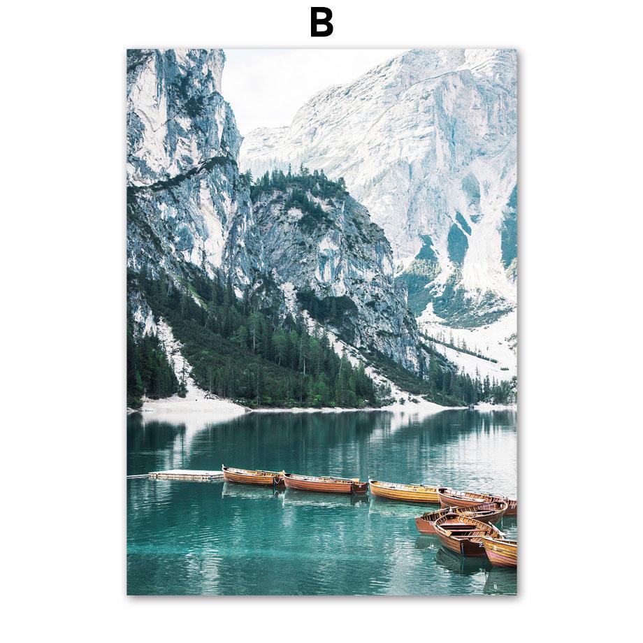 Снежная гора, лес, зеленое озеро, лодка, настенная живопись на холсте, плакаты на скандинавскую тему и принты, настенные панно для украшения гостиной