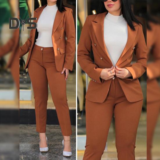 2 Pcs/Set Women Coat Pants Suit Double-breasted Long Sleeve Cadigan Lapel Jacket High Waist Button Zipper Closure Slim Fit Pants Lady OL Commute