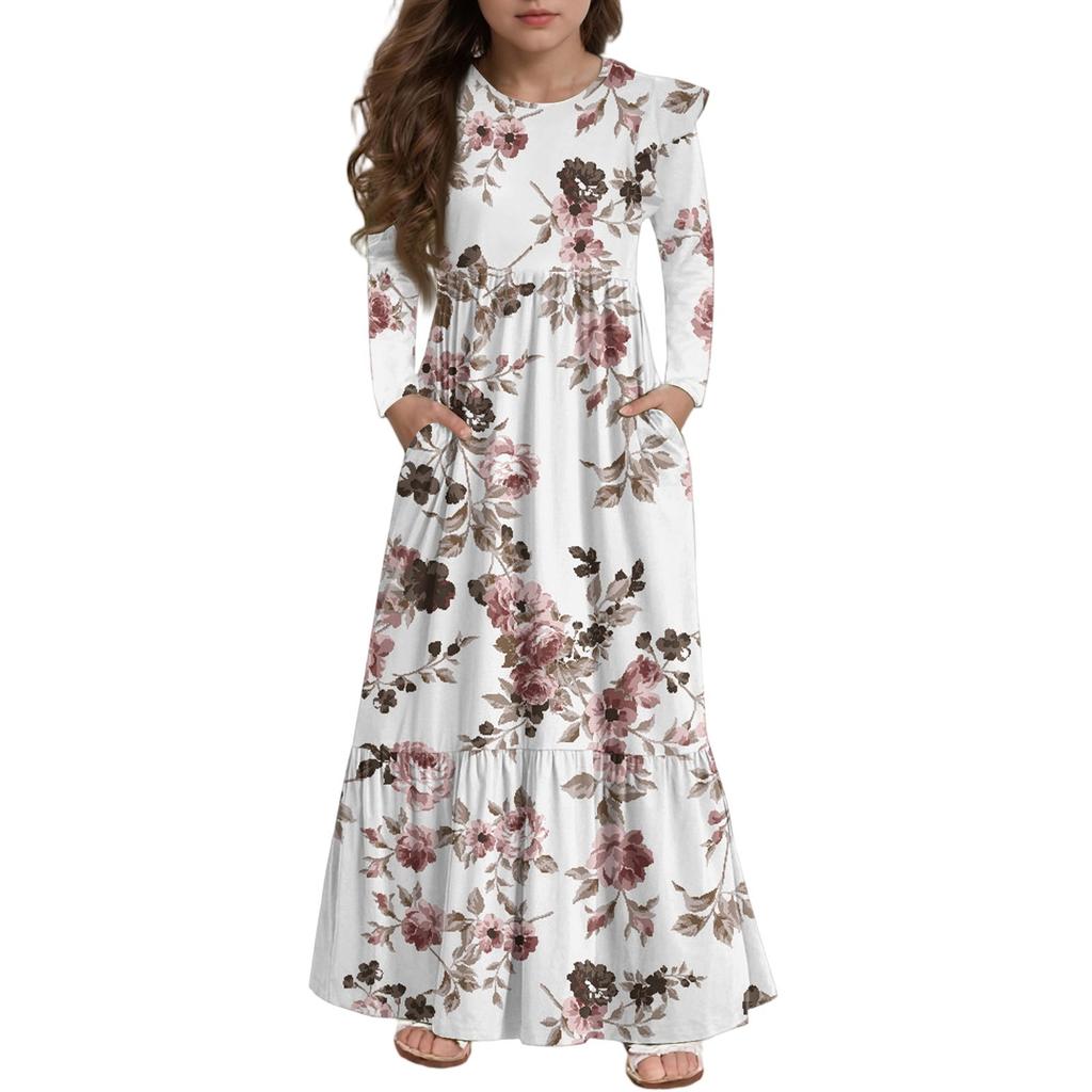 Платье с многоярусными оборками для девочек - Макси с длинным рукавом и принтом, с карманами