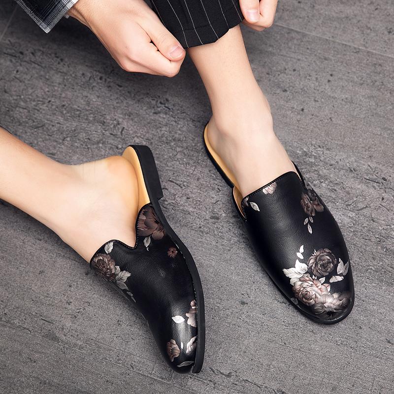Большого размера цветы кожаные полуботинки для мужчин черные мюли без задника лоферы тапочки полусабо повседневная обувь шлепанцы слипоны балетки