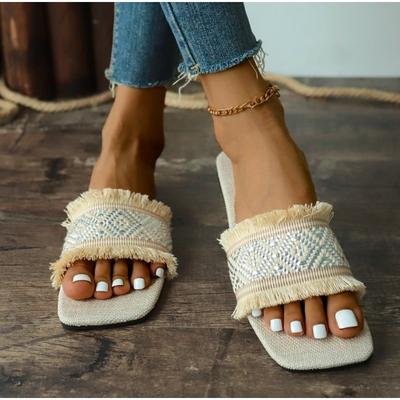 Модные Новые Женские Летние Плетеные Соломенные Повседневные Шлепанцы Уличные Эспадрильи Шлепанцы Модные Плоские Женские Сандалии и Шлепанцы Большой Размер 43