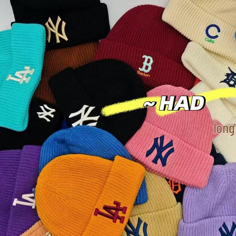 Корейская шерстяная унисекс вязаная шапка бини MLB - Вышивка логотипа NY, Теплая для осени и зимы, Стиль M0726