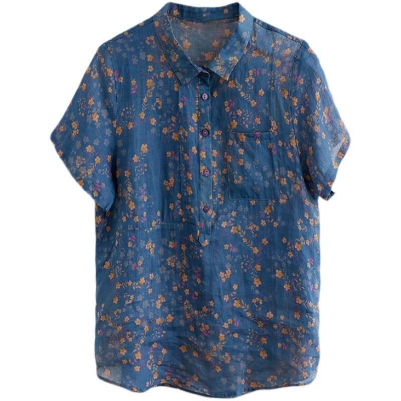 Летняя литература свободная хлопковая льняная рубашка с цветочным воротником и короткими рукавами женская рубашка топ