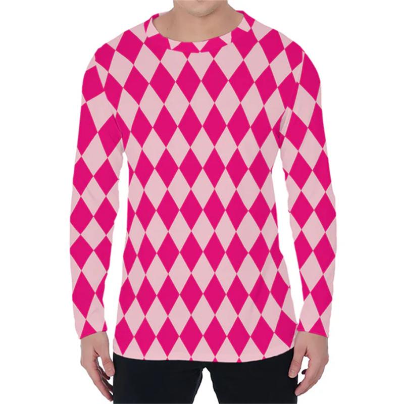 Simple Argyle Pattern Men's T-shirts Fashion Casual 3D Printed Long Sleeve T-shirts Loose Round Neck Streetwear Pullovers