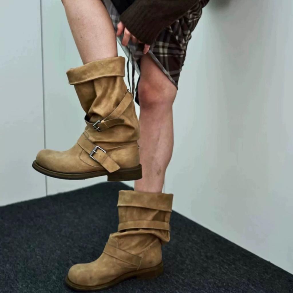 Cowhide Version~ Genuine Leather Polished Heavy Industry Old Stacking Boots Women's Belt Buckle Two Wear Retro Style Knight Boots Outdoor Boots