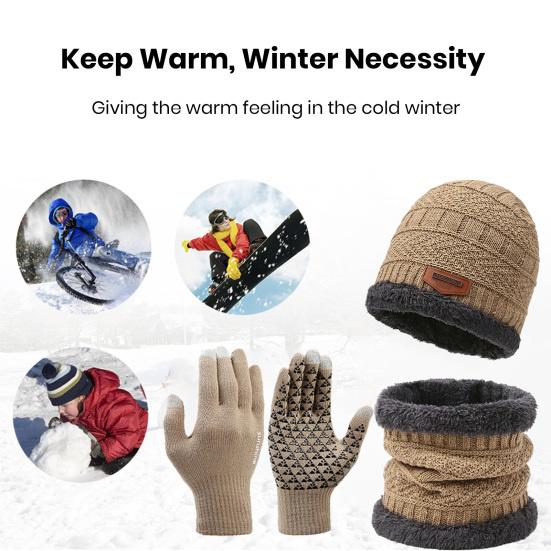 1 Set Men Winter Hat Scarf Gloves Set Thick Knitted Soft Warm Elastic Colorful Ear Protection Five Fingers Windproof Winter Outdoor Cycling