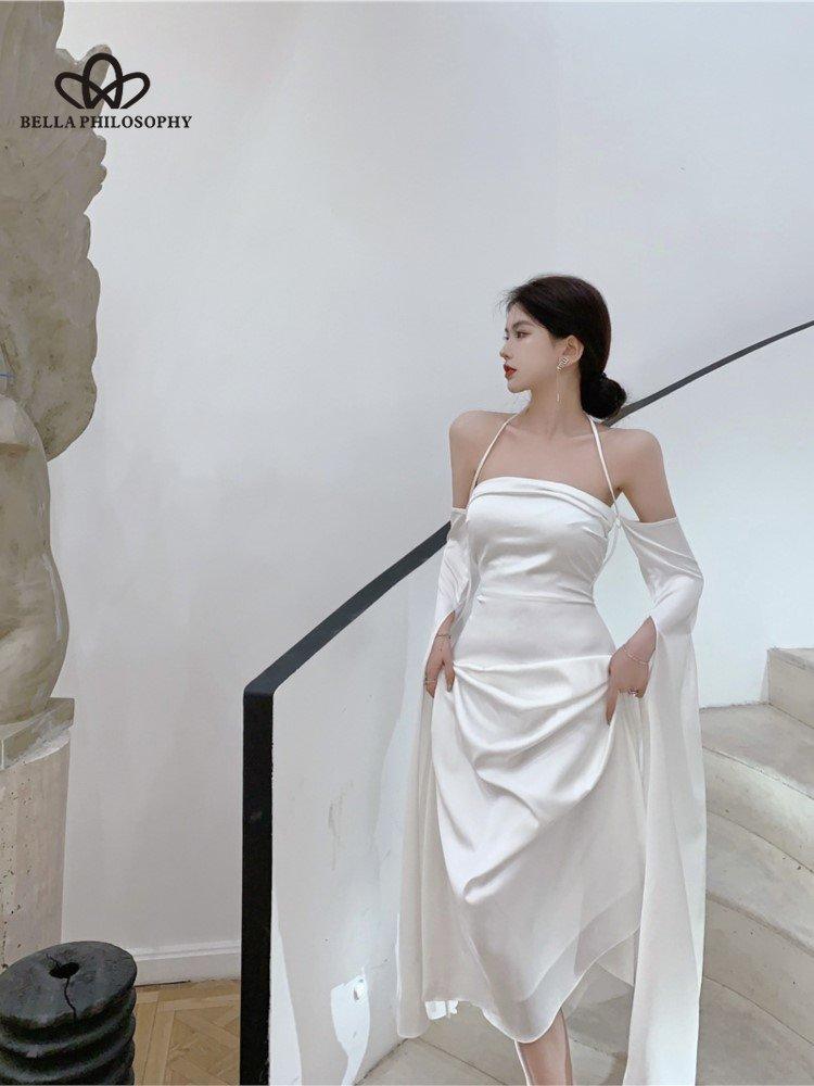 Женское летнее элегантное атласное шелковистое белое коктейльное платье с открытыми плечами, свадебное платье, вечернее платье макси