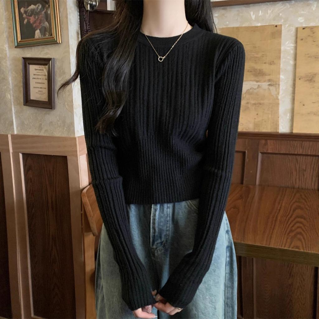 Женский осенний кашемировый вязаный свитер с круглым вырезом на талии, женский облегающий короткий пуловер, топ-базовая рубашка