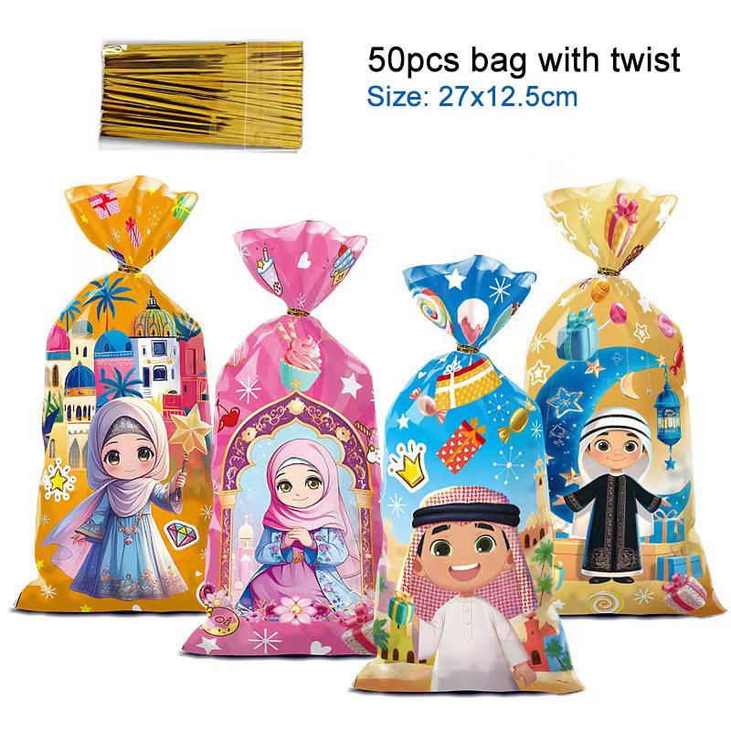 50 шт. Исламские мусульманские подарочные пакеты Ид Мубарак Пластиковые пакеты для конфет и печенья Рамадан Упаковка для выпечки Декоративные принадлежности 2025 Новый
