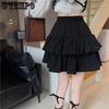Black White Mini Skirts Women Spring Summer All-match Double Layer Cake Skirt Elastic High Waist Loose Ruffles Tutu Skirt