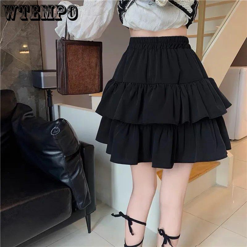 Black White Mini Skirts Women Spring Summer All-match Double Layer Cake Skirt Elastic High Waist Loose Ruffles Tutu Skirt