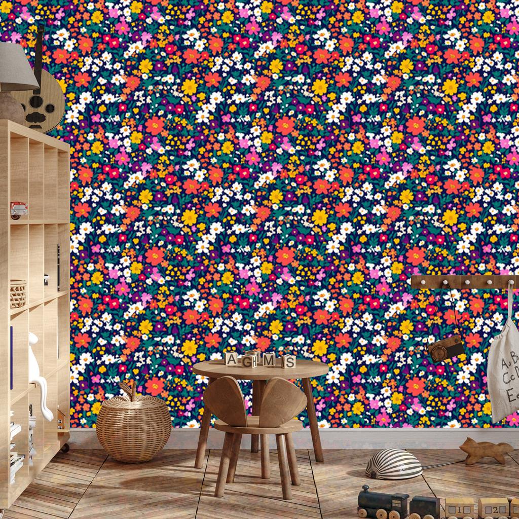 Wallpaper Small Flowers Navy Blue and Turquoise for Living Room and Bedroom 50x1000