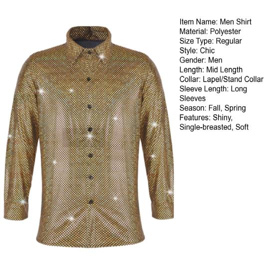 Мужская рубашка для выступлений с блестящей поверхностью и отложным воротником, однобортная рубашка с длинными рукавами и пуговицами, атласная рубашка для клубной вечеринки, дискотека, сценическое шоу