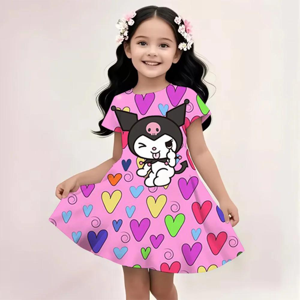 Летнее платье Sanrio Модное Мультяшное Милое Киннаморолл Хелло Китти 3D Печать Платье Детская Одежда с Коротким Рукавом Принцессы Куроми