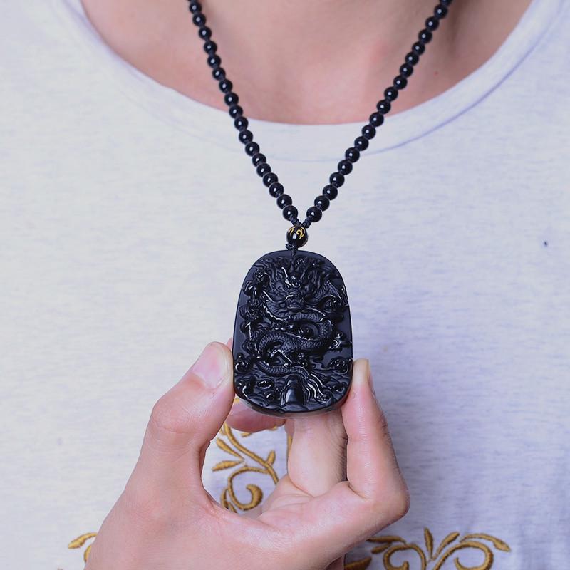 Натуральный черный обсидиан, китайский дракон, кулон, нефритовое ожерелье, ювелирный амулет, счастливый мужской подарок