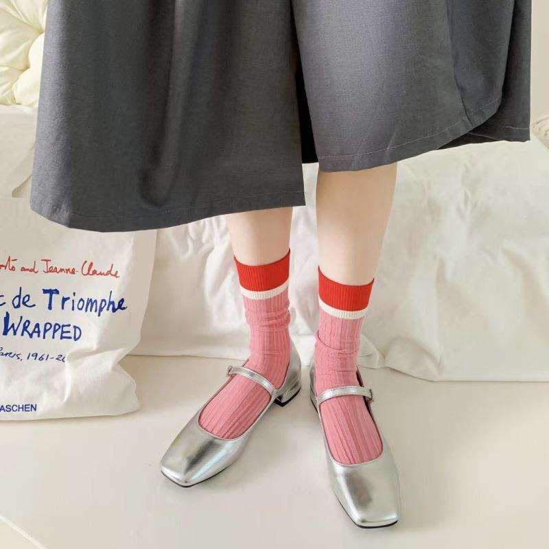Light Luxury Color Matching Medium Tube Socks Trendy Modern Retro Stacking Socks Girl Pink Cotton Stockings