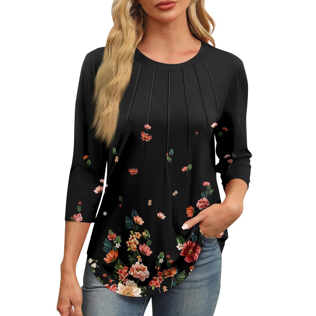 Женская модная футболка с круглым вырезом и рукавом 3/4 с принтом, повседневная, базовая, плиссированная, пуловер