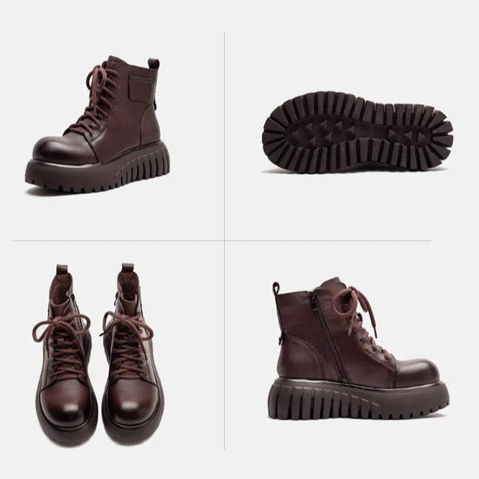 Johnature Thick Sole Women's Short Boots With Genuine Leather Retro Side Zipper Versatile Women's Shoes