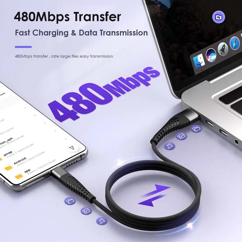 100 Вт USB Type C, сверхбыстрый зарядный кабель для Samsung, Huawei, Xiaomi, зарядный кабель для мобильного телефона, 0,25 м, 1 м, 2 м, 3 м, нейлоновый шнур для передачи данных