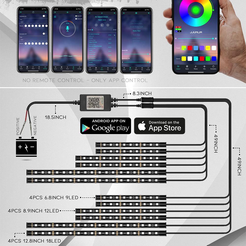 RGB LED Atmosphere Ambient Light Kit APP Music Control Гибкая водонепроницаемая неоновая лента для автомобиля мотоцикла Декоративная лампа 12 В