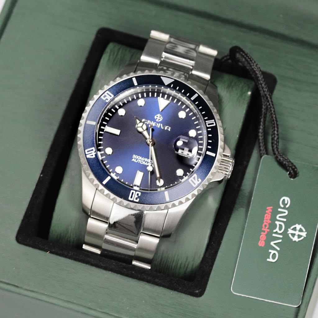 ENRIVA Men's 200m Water Resistant Diver Automatic Watch with Stainless Steel Band, Professional Japanese-Made Automatic Watch with Three Hands, Date