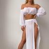 European & American Off-Shoulder Two-Piece Swimsuit Cover-Up with High Slit Skirt and Long Sleeves - Women's Hot Style