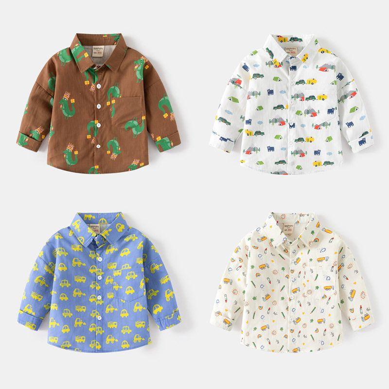 Children's Long-Sleeved Dinosaur Shirt, Spring and Autumn Boys' Cartoon Car Shirt, Baby Boy's Lapel Sun Rainbow Top