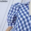 VONDA Женские винтажные платья с воротником-стойкой и коротким рукавом в клетку и оборками по подолу