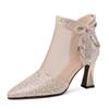 FHC 2024 Women Mesh Sandals Boots,High Heels Leather Summer Shoes,Pointed toe,Hollow Out ,Back Zip,Champagne,Black,Dropship