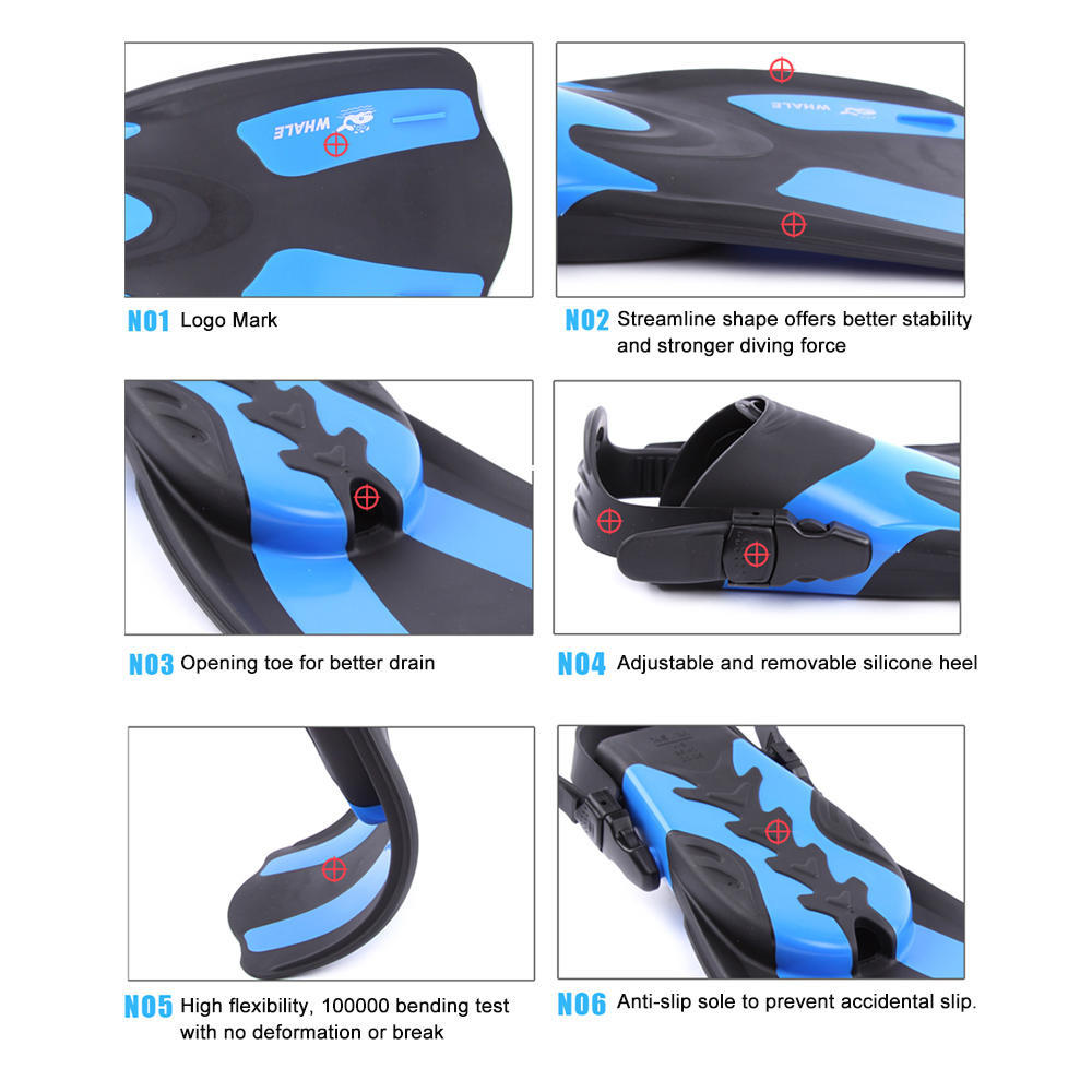 WHALE Adult Short Snorkeling Swim Fins Flippers with Adjustable Heel Water Sports
