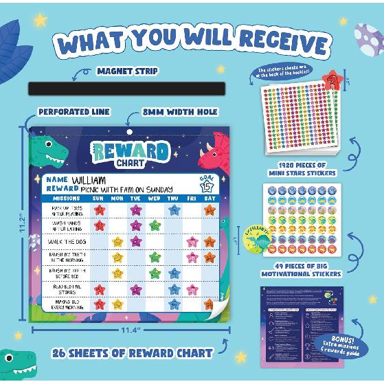 Reward Chart for Kids - 49 Big & 1,920 Mini Stickers, Behavior Chart for Kids at Home, Magnetic Chore Chart for Multiple Kids and Toddler 2-4 Years,