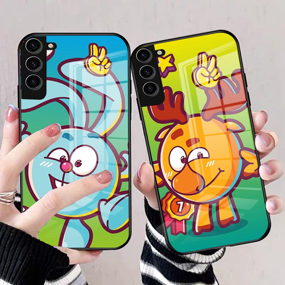 Мультяшный чехол для телефона Смешарики Для Samsung S25 Edge Ultra S23 S22 S21 S20 Ultra Plus S24 Fe A54 A53 A25 Стеклянная крышка