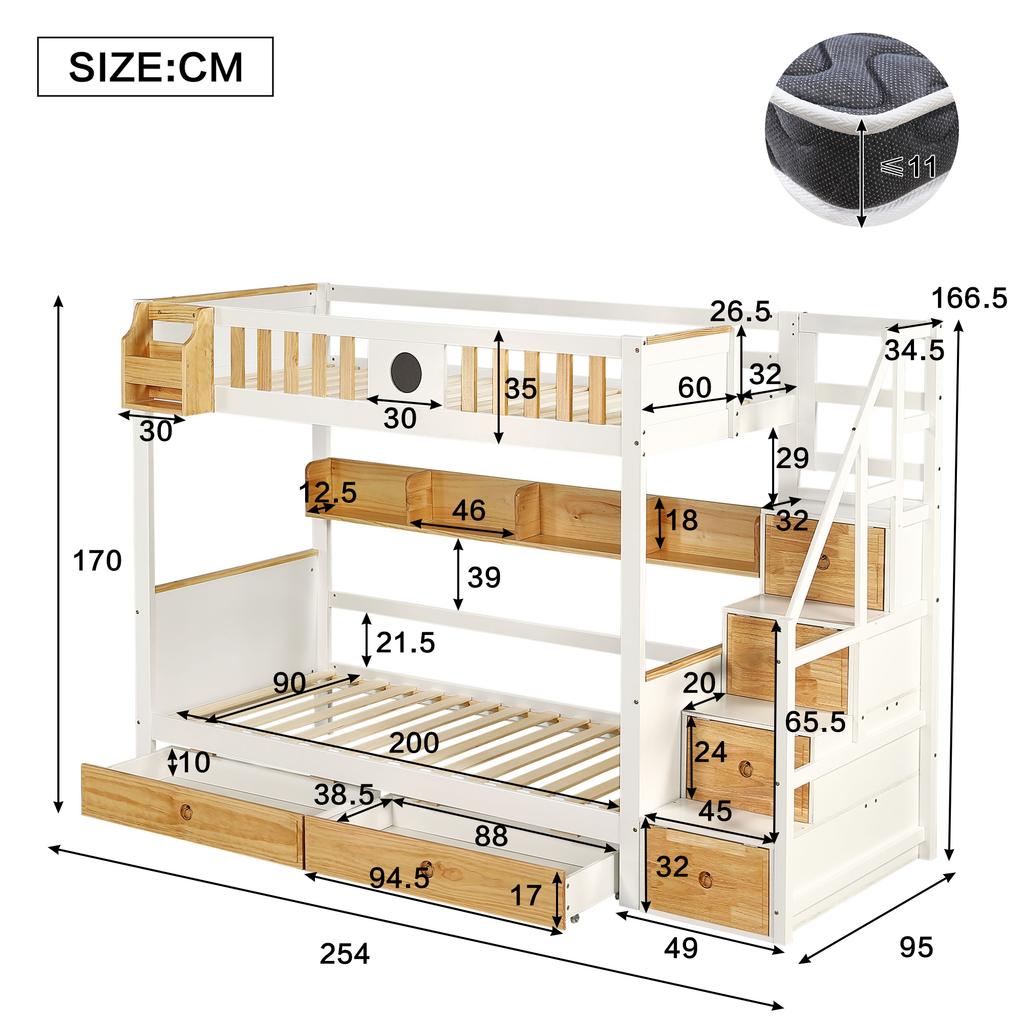 [315421234WAA]Bunk bed, frame made of pine wood and MDF, children's bed with 4 compartments in the stairs, 2 drawers, White+Natural, 90x200cm