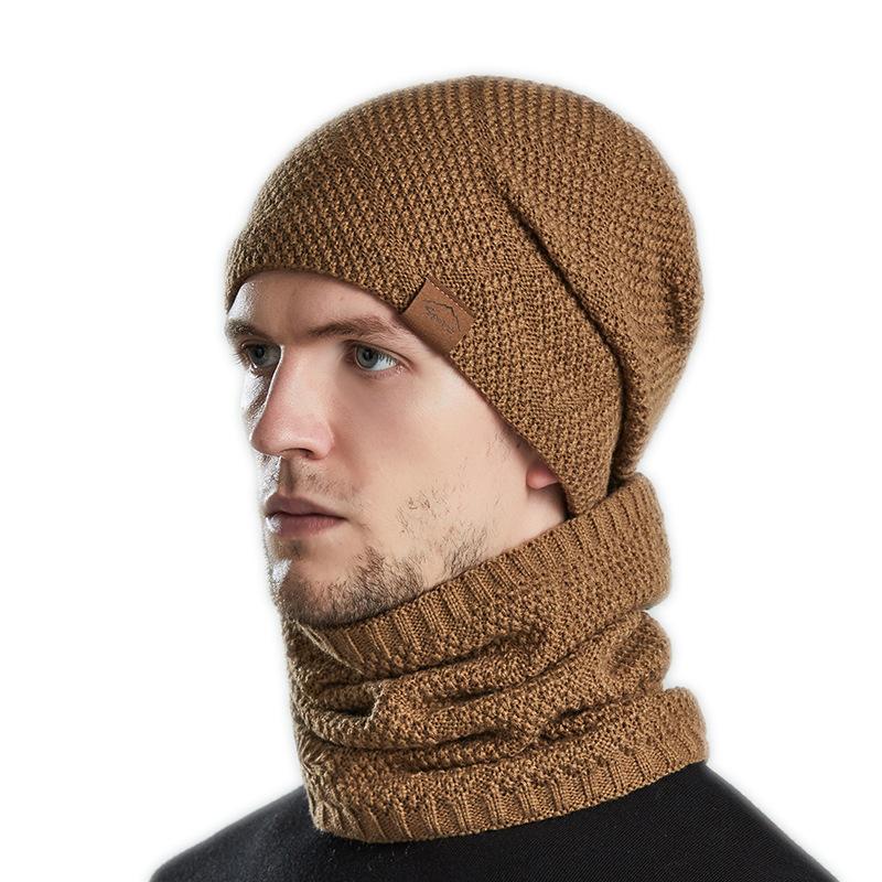 Men's Autumnn Winter Solid Color Knitted Hat and Scarf Set Thicken Warm Fleece Lined Cold-resistant Hat and Neckerchief for Men