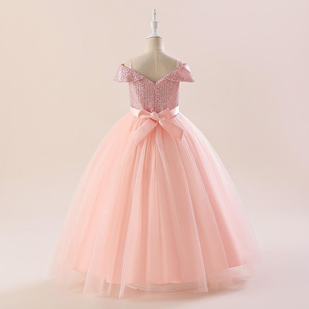 Fluffy Sequins Princess Girls Dress Bridemaids Bow Tulle Wedding Kids Party Dresses for Girl Off Shoulder Pageant Birthday Gown