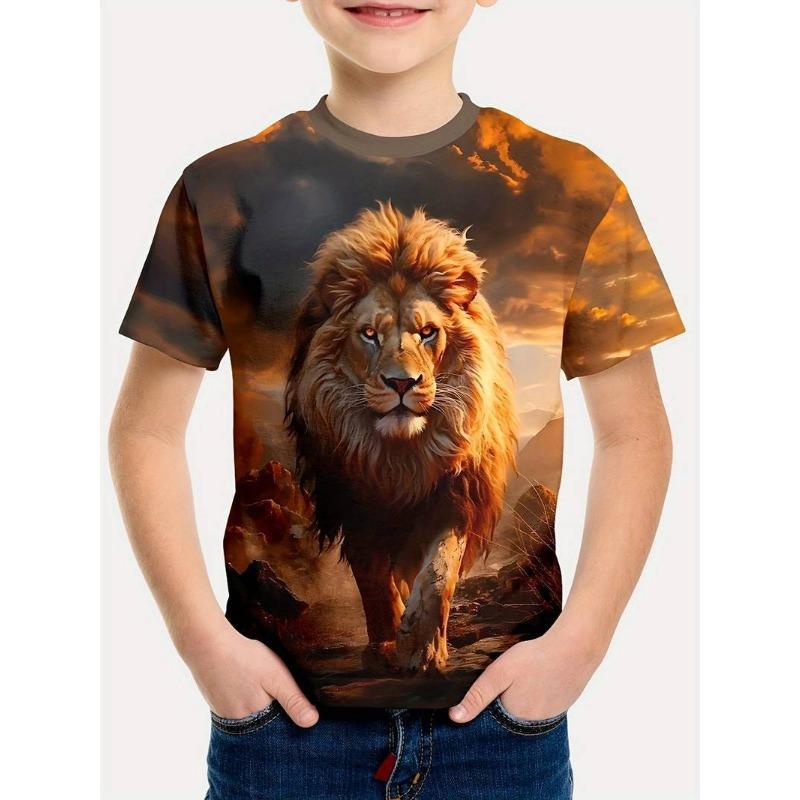 Summer Round Neck 3D Lion Pattern Printed Top Fashionable and Casual Short Sleeved Children's Boy T-shirts