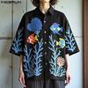 Мужские рубашки с лацканами, рукавами до локтя, цветочным принтом, повседневные, свободного кроя, оверсайз