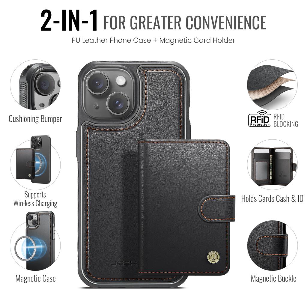 For iPhone 14 Case JEEHOOD J09 RFID Blocking Card Holder Leather Back Phone Cover Compatible with MagSafe