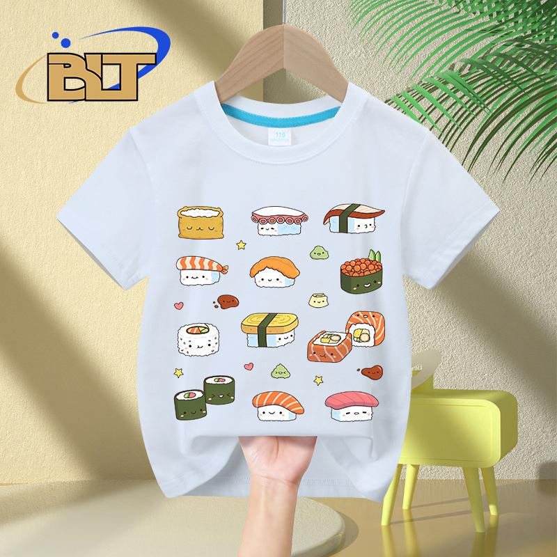Kawaii Japanese Sushi printed kids Tshirt summer pure cotton shortsleeved casual tops for boys and girls
