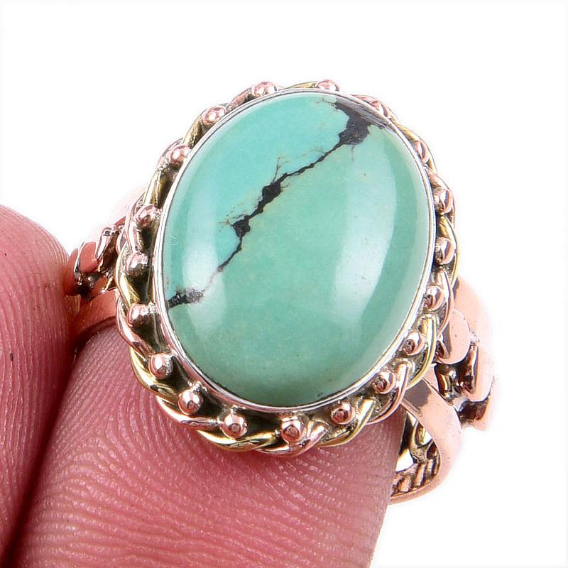 Natural Tibetan Turquoise Gemstone 925 Solid Silver Two Tone Ring S.8.5US U0Y47